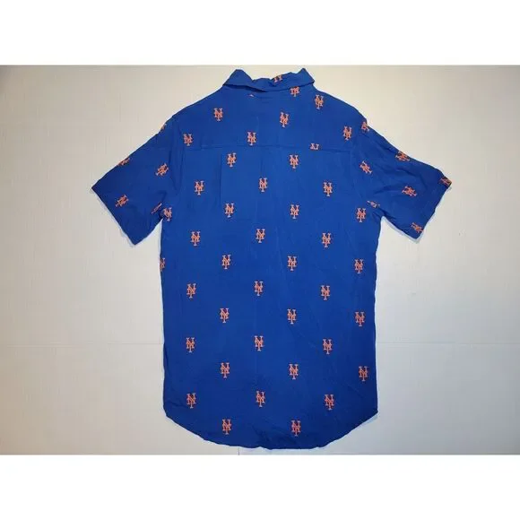 New York Mets Royal Mini Print Logo Button-Up Shirt Mens Size Small AOP MLB Blue - Picture 3 of 5